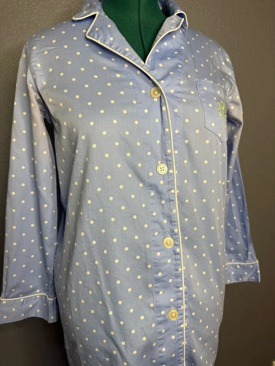 Lauren Ralph Lauren Polka Dot Pajama Top Women’s M Blue Cotton Button Down - Picture 2 of 13